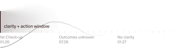 Non-member snapshot: a first check-up in 01.26 opens one clarity and action window, then outcomes are unknown by 07.26 and there is no clarity by 01.27