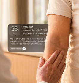 Patient's arm before a blood test with an appointment reminder card
