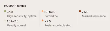 HOMA-IR ranges: below 1.0, high sensitivity, optimal. 1.0 to 2.0, usually normal. 2.0 to 2.5, borderline. Above 2.5, resistance indicated. Above 5.0, marked resistance.