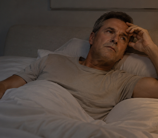 Man lying awake in bed at night unable to sleep