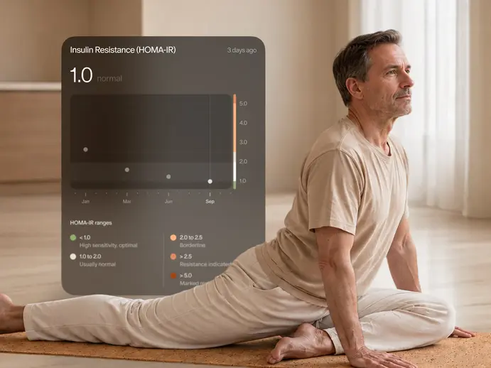Insulin resistance (HOMA-IR) chart beside a man stretching on the floor