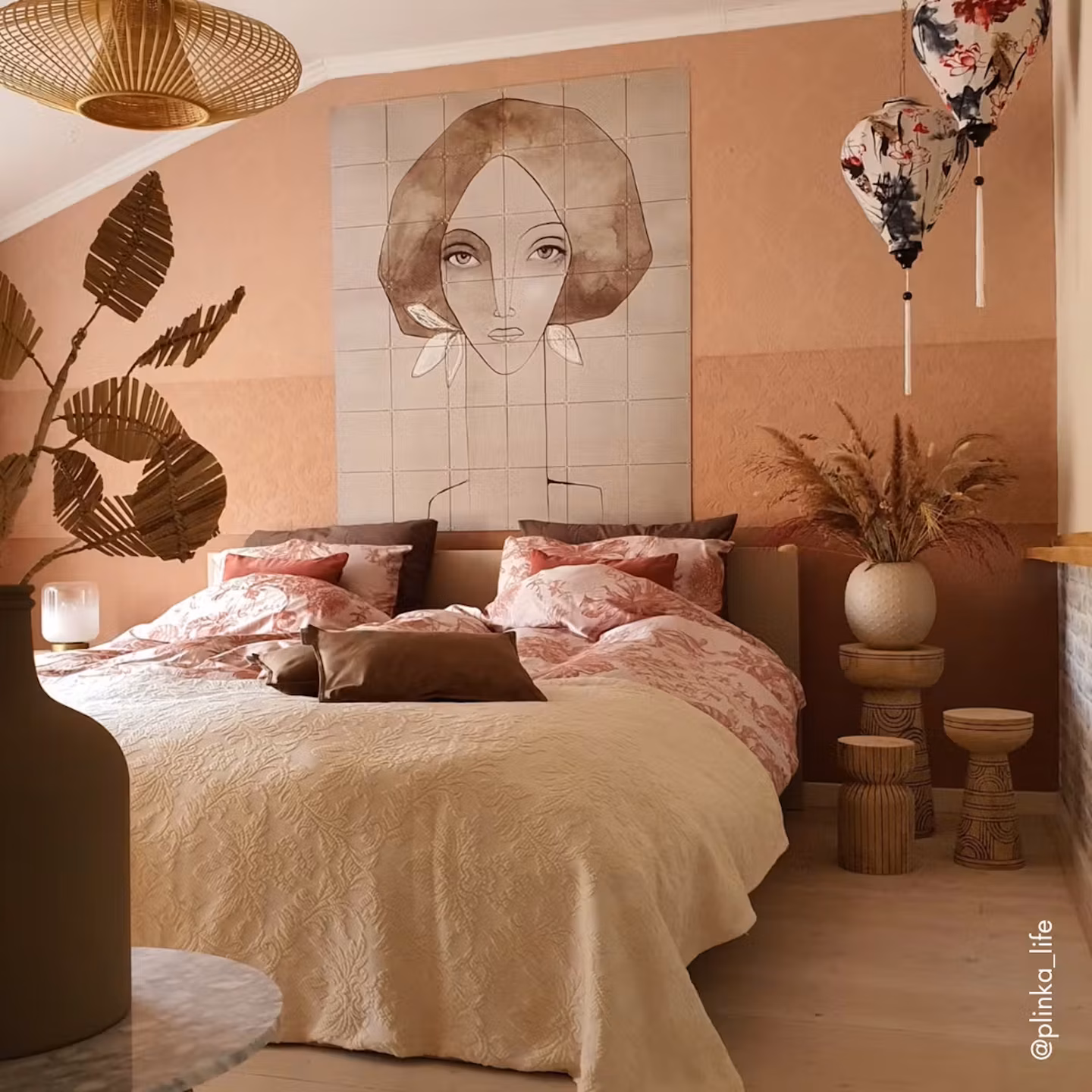IXXI with a drawn portrait above a bed, against a terracotta wall with pink bedding