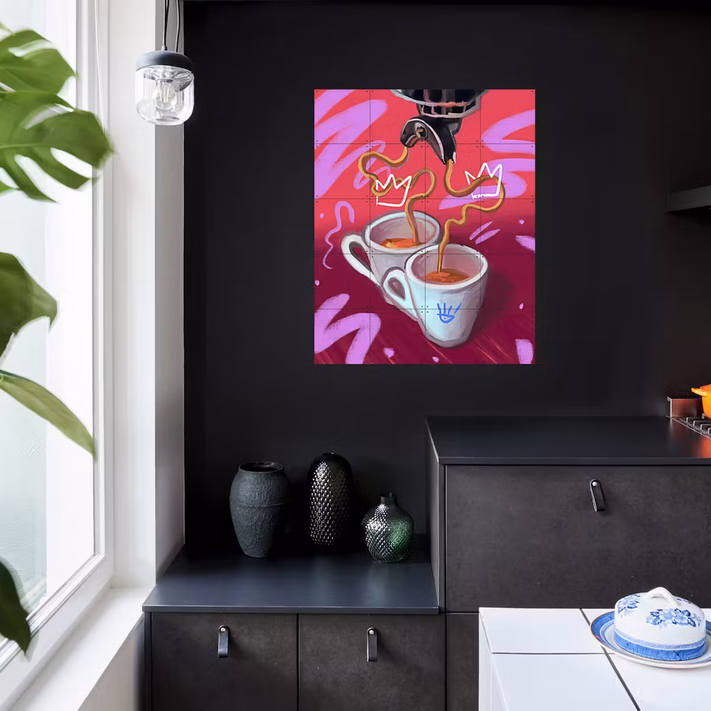IXXI of two espressos under a coffee machine, on a black kitchen wall above a run of cabinets