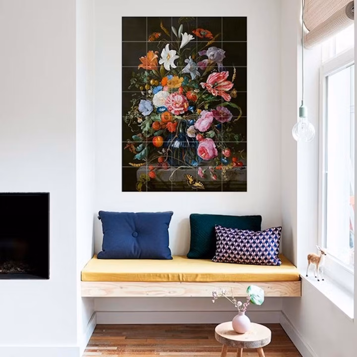 Jan Davidsz. de Heem’s flower still life shown whole as an IXXI above a wooden bench with cushions