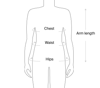 Body measurement diagram showing where to measure chest, waist, hips, and arm length