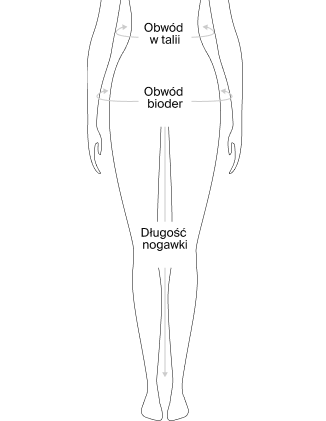 Diagram illustrating human measurements: waist (Obwód w talii), hips (Obwód bioder), and leg length (Długość nogawki) marked on a silhouette.