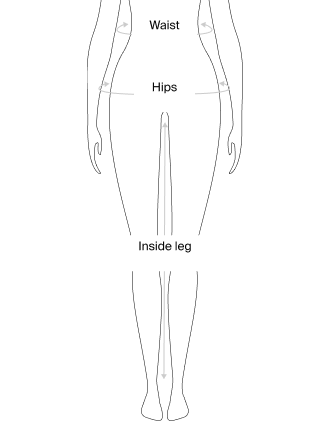 Diagram showing measurement areas for clothing: waist, hips, and inside leg, with arrows indicating measurement directions on a silhouette.