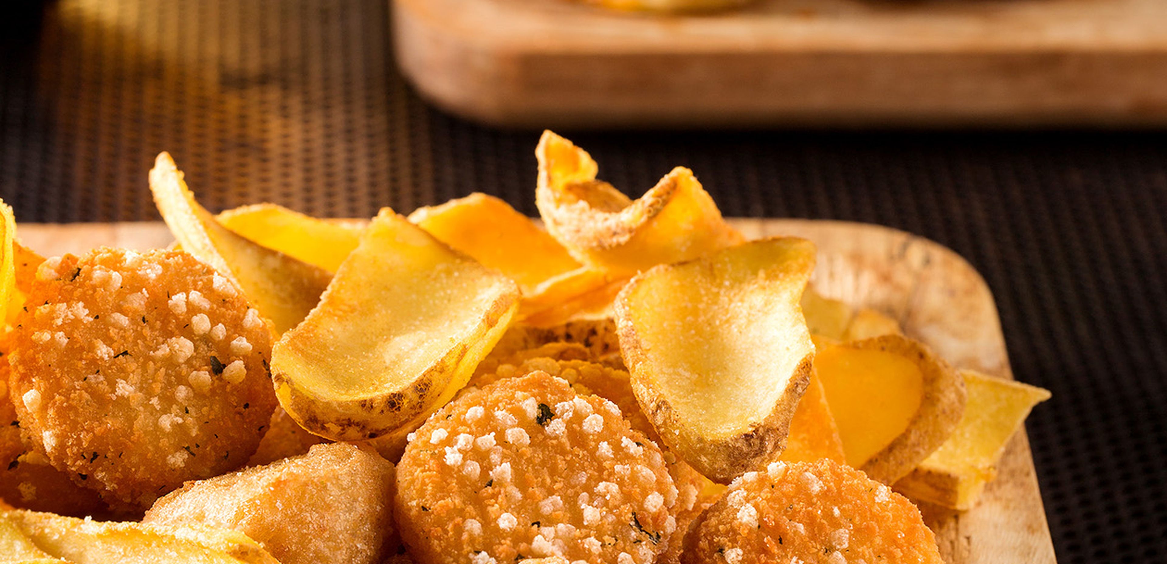 Snack board with Scoops, Appetizers of Farm Frites and mini burgers