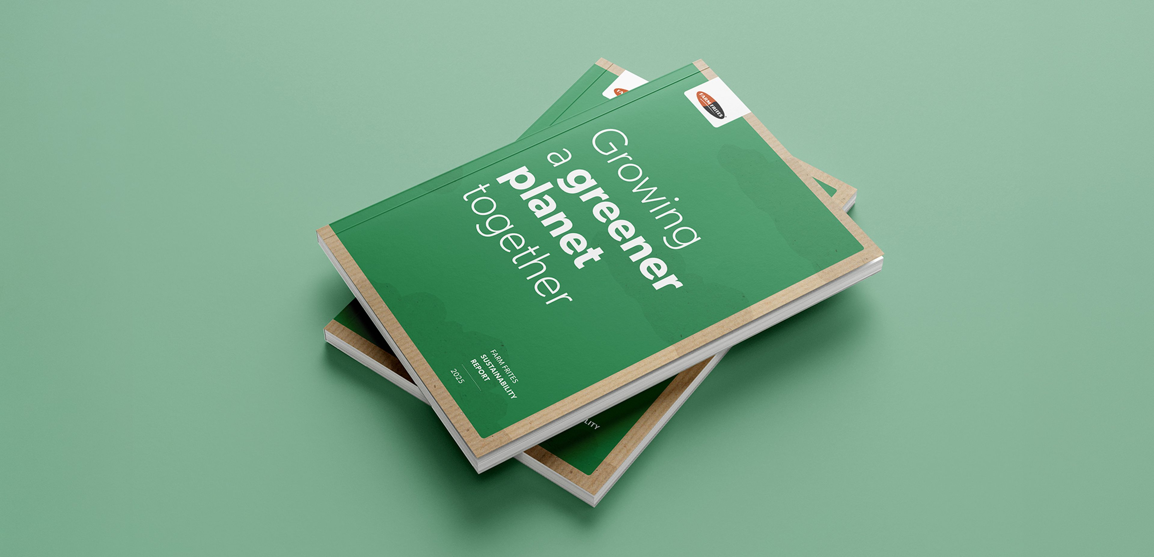 Stack of green booklets titled "Growing a greener planet together" on a matching green background.