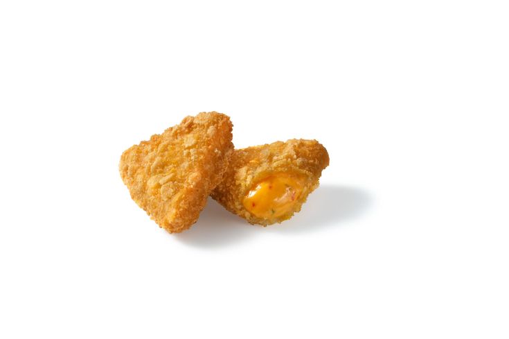 Two crispy, triangular cheese-filled bites on a white background. One half reveals melted cheese inside.