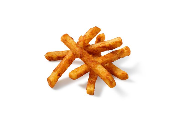 Crispy, golden-fried potato sticks arranged in a neat pile on a white background.