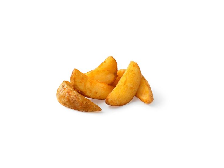 Golden-brown potato wedges arranged on a white background, showcasing a crispy texture.