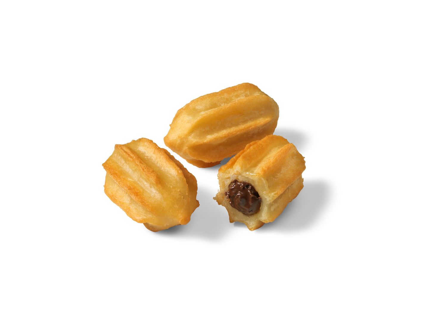 Three mini churros, one with a visible chocolate filling, are arranged on a white background.
