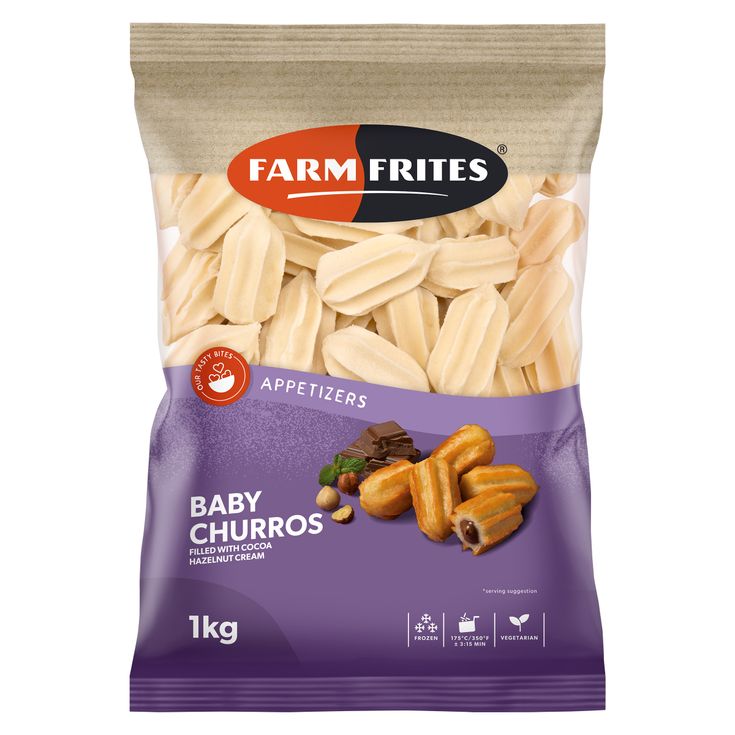 A 1kg bag of Farm Frites Baby Churros filled with cocoa hazelnut cream, featuring appetizer styling and cooking instructions.