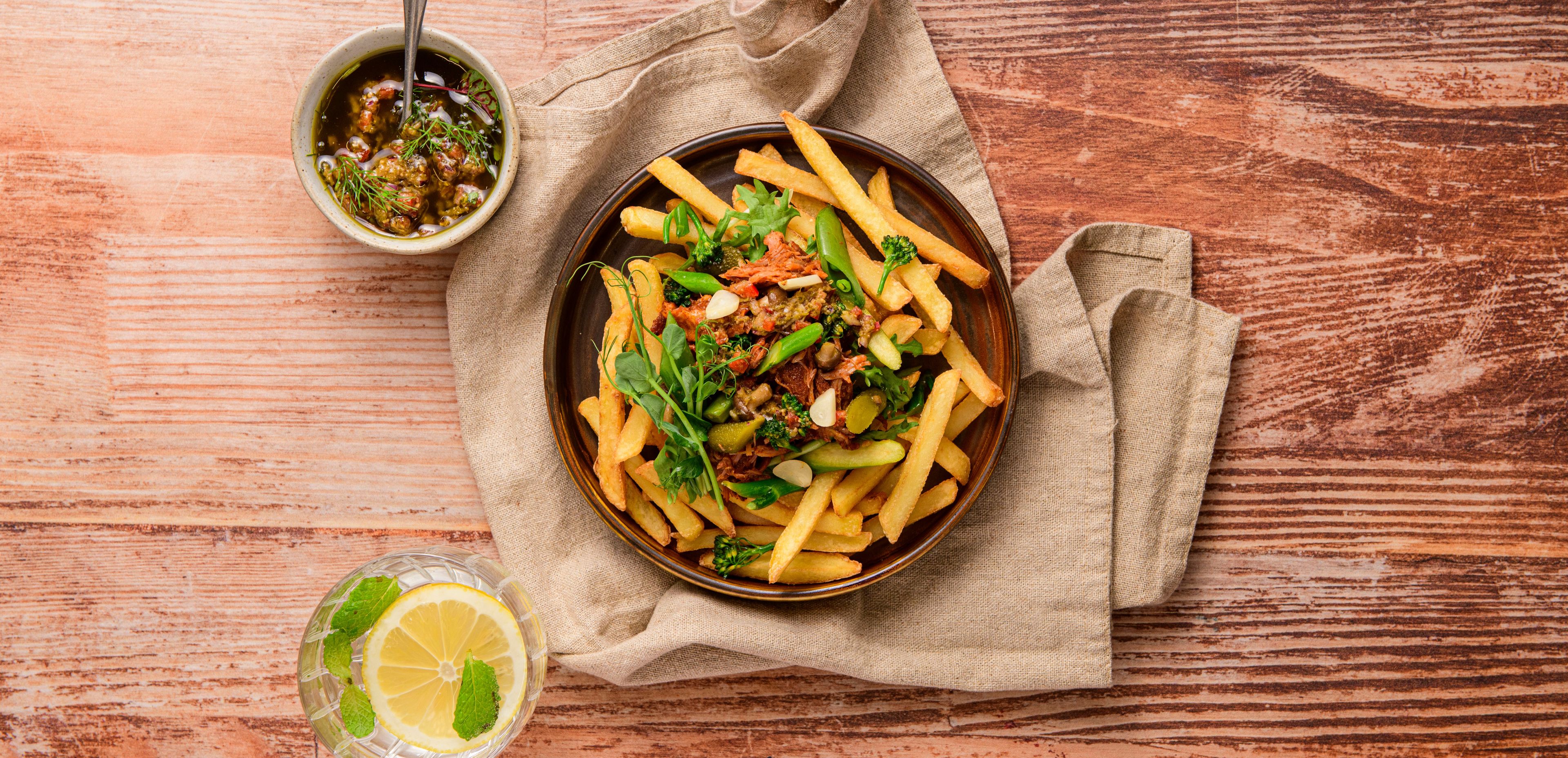 Loaded Fries With Roasted Eggplant Spread
