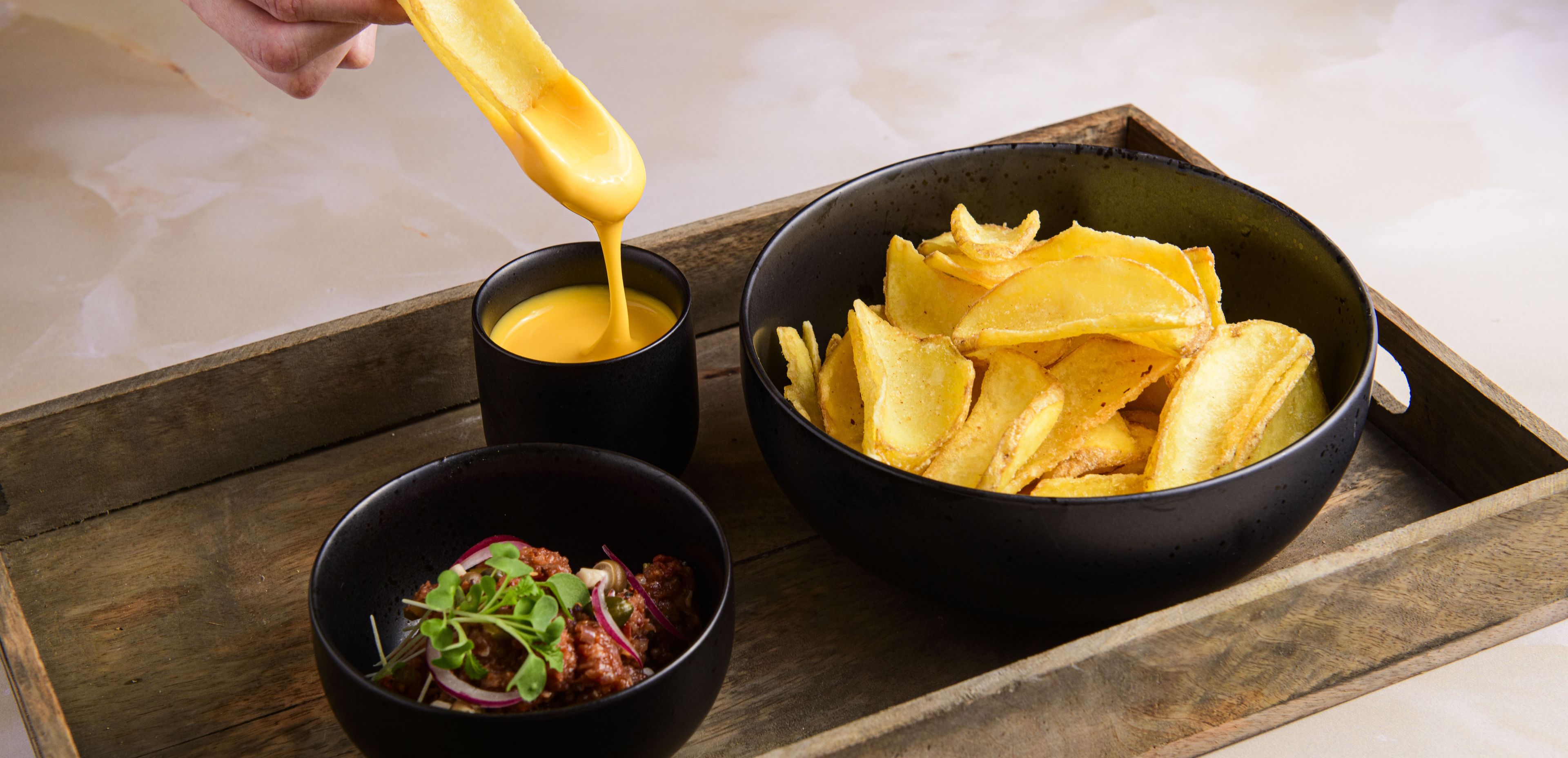 Scoops with Eggplant Dip and Premium Cheddar Topping