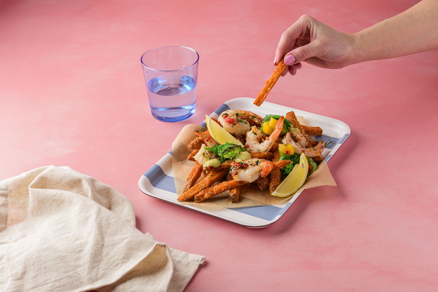 Loaded Fries with Sweet Potato Fries, Chili Butter Shrimp and Wakame Salad