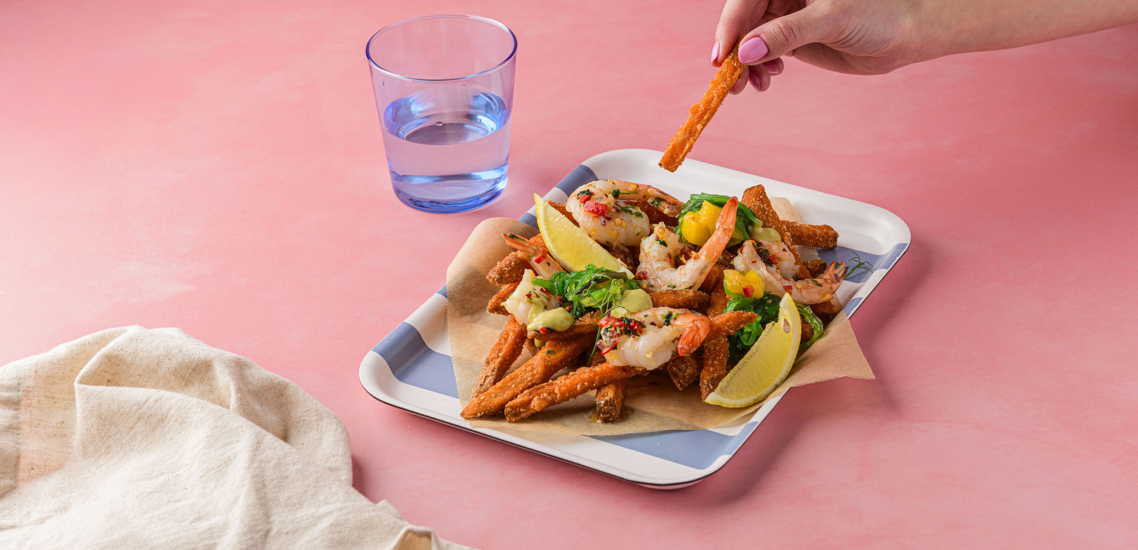 Loaded Fries with Sweet Potato Fries, Chili Butter Shrimp and Wakame Salad