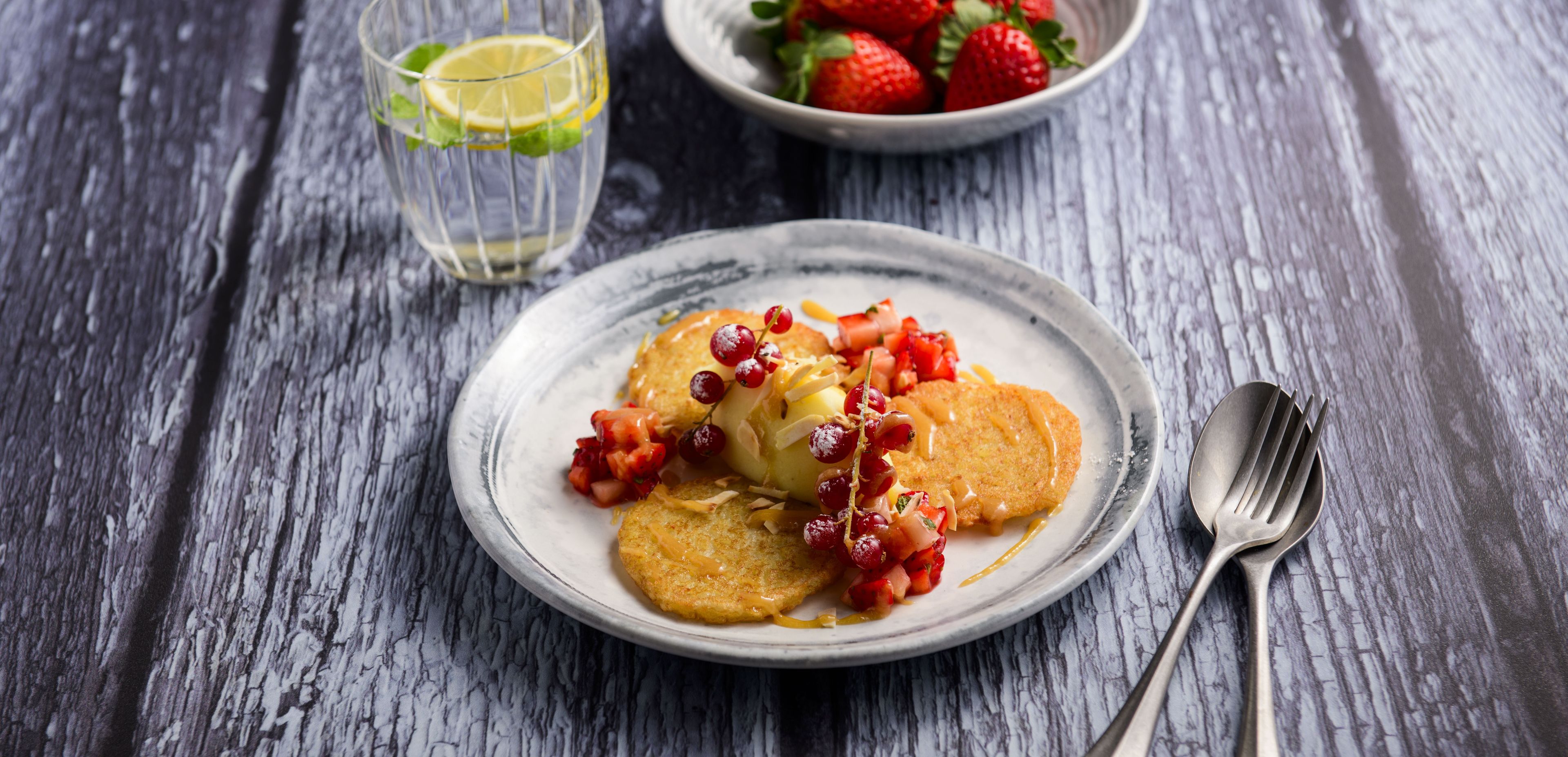 Mini Potato Pancakes with Vanilla Ice Cream, Caramel and Strawberries