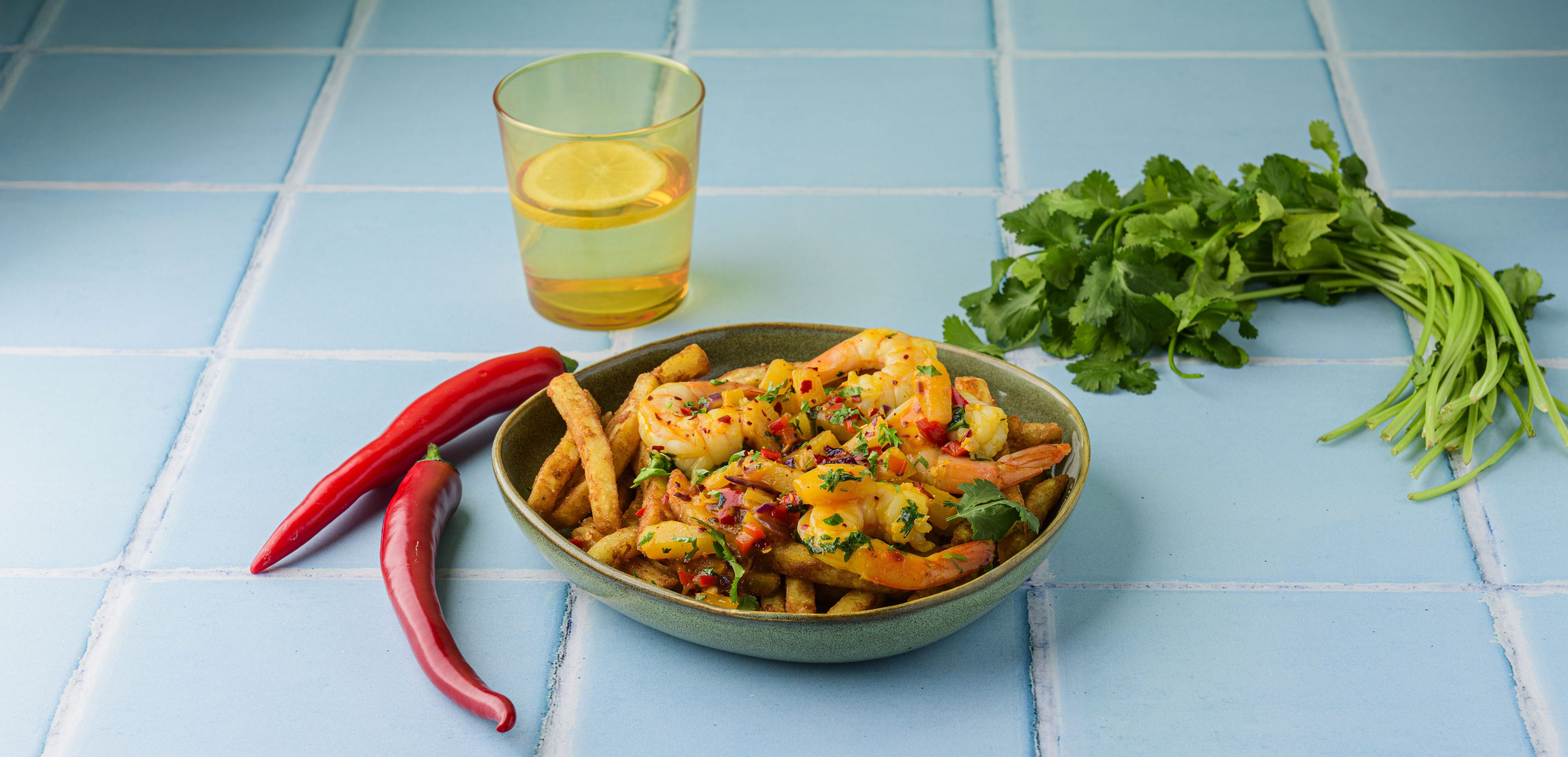 Loaded Urban Fries with Chili Butter Shrimp