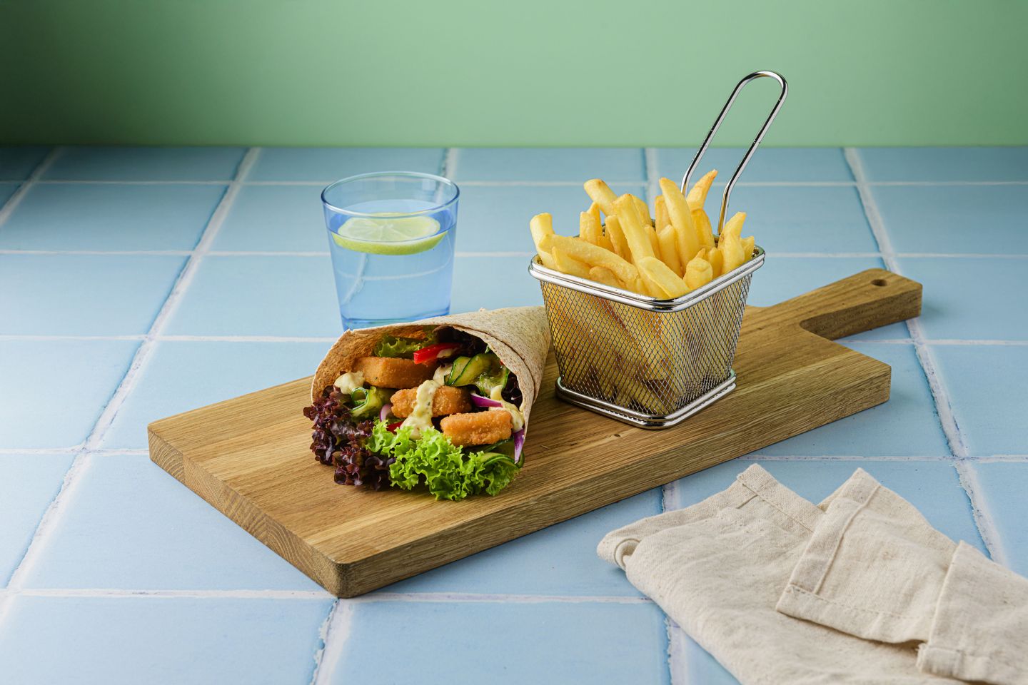 Tortilla with Fish Nuggets, Crispy Fries and Smoked Vegetable Mayo