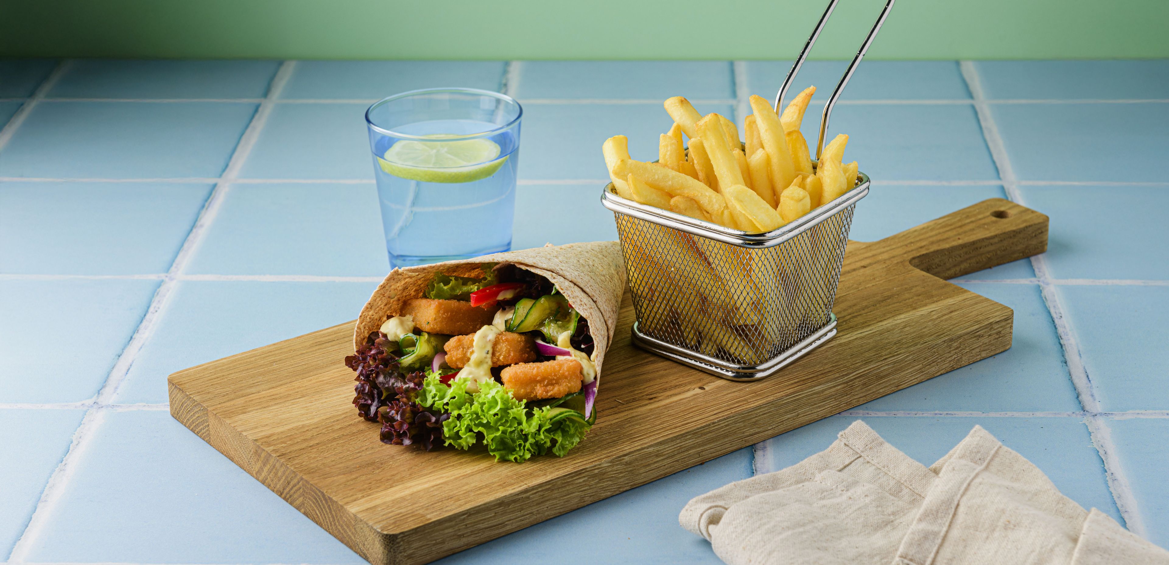 Tortilla with Fish Nuggets, Crispy Fries and Smoked Vegetable Mayo