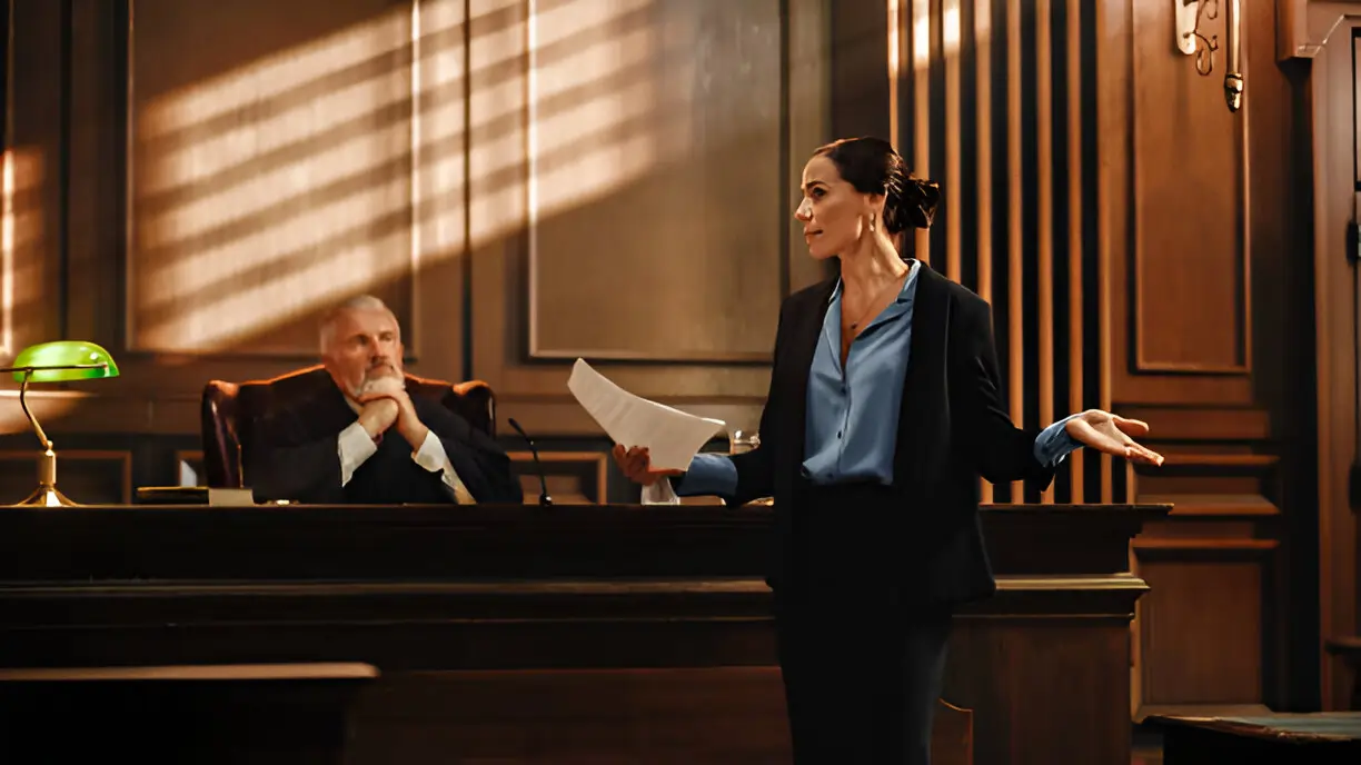 female prosecutor presenting case in courtroom