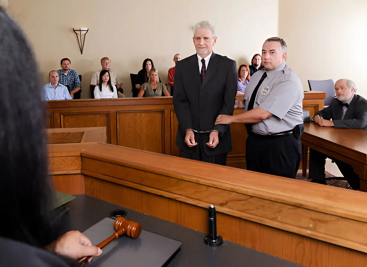 a criminal defendant standing before judge in courtroom