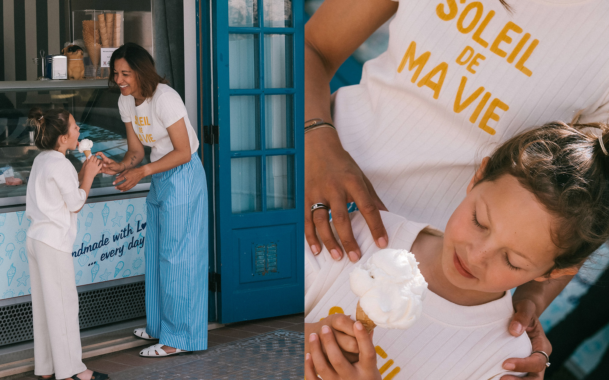 Maman et sa fille portant les t-shirts duo Soleil de ma vie