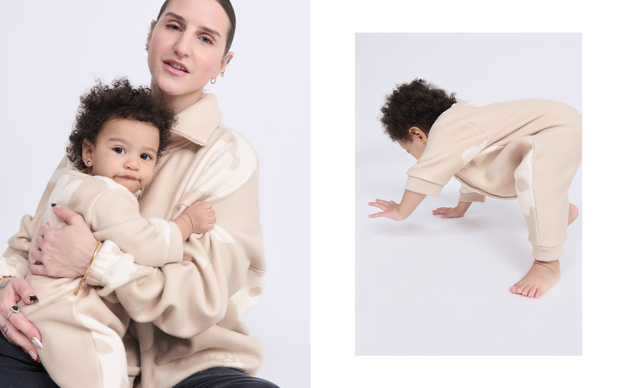 A woman holds a baby in matching beige outfits on the left, while the baby crawls on the right against a white background.