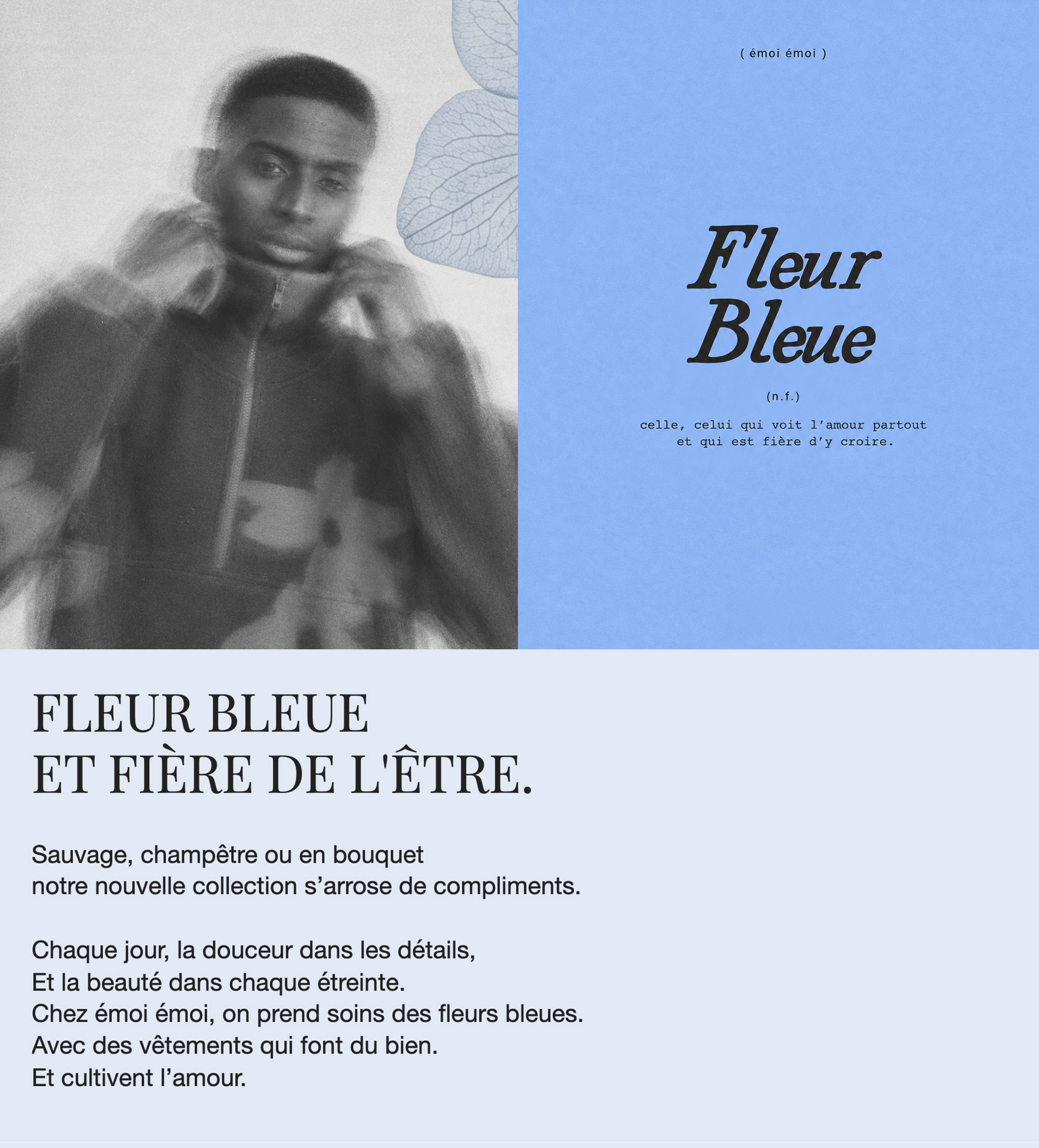 Blurry image of a person adjusting a jacket beside text reading "Fleur Bleue," describing the beauty and love in a new clothing collection.
