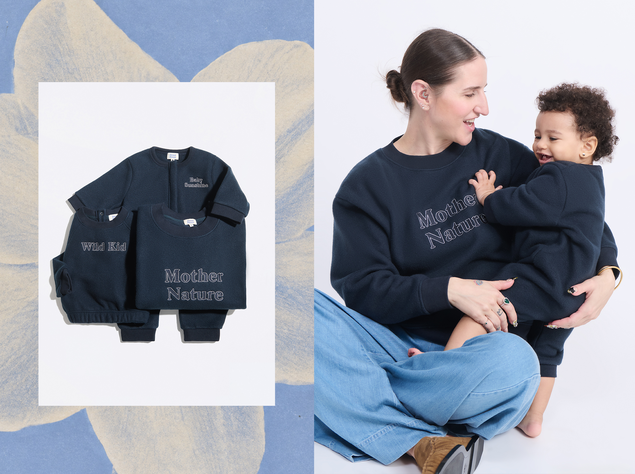 A navy blue sweatshirt collection with "Mother Nature," "Wild Kid," and "Baby Songbird" text. Woman holding a child, both wearing matching outfits.