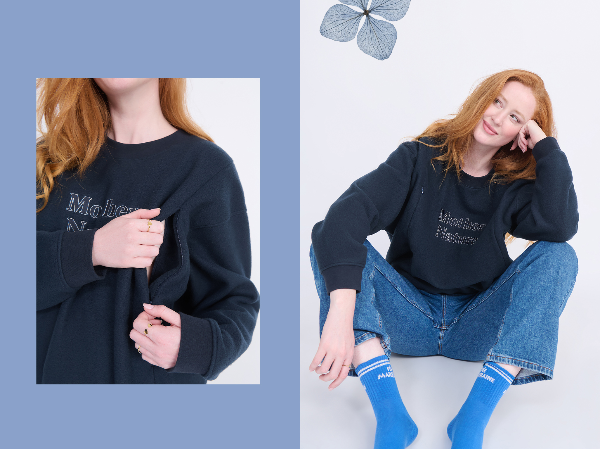 Woman wearing a dark sweatshirt with "Mother Nature" print, jeans, and blue socks, sitting cross-legged against a light blue background with a floral accent.