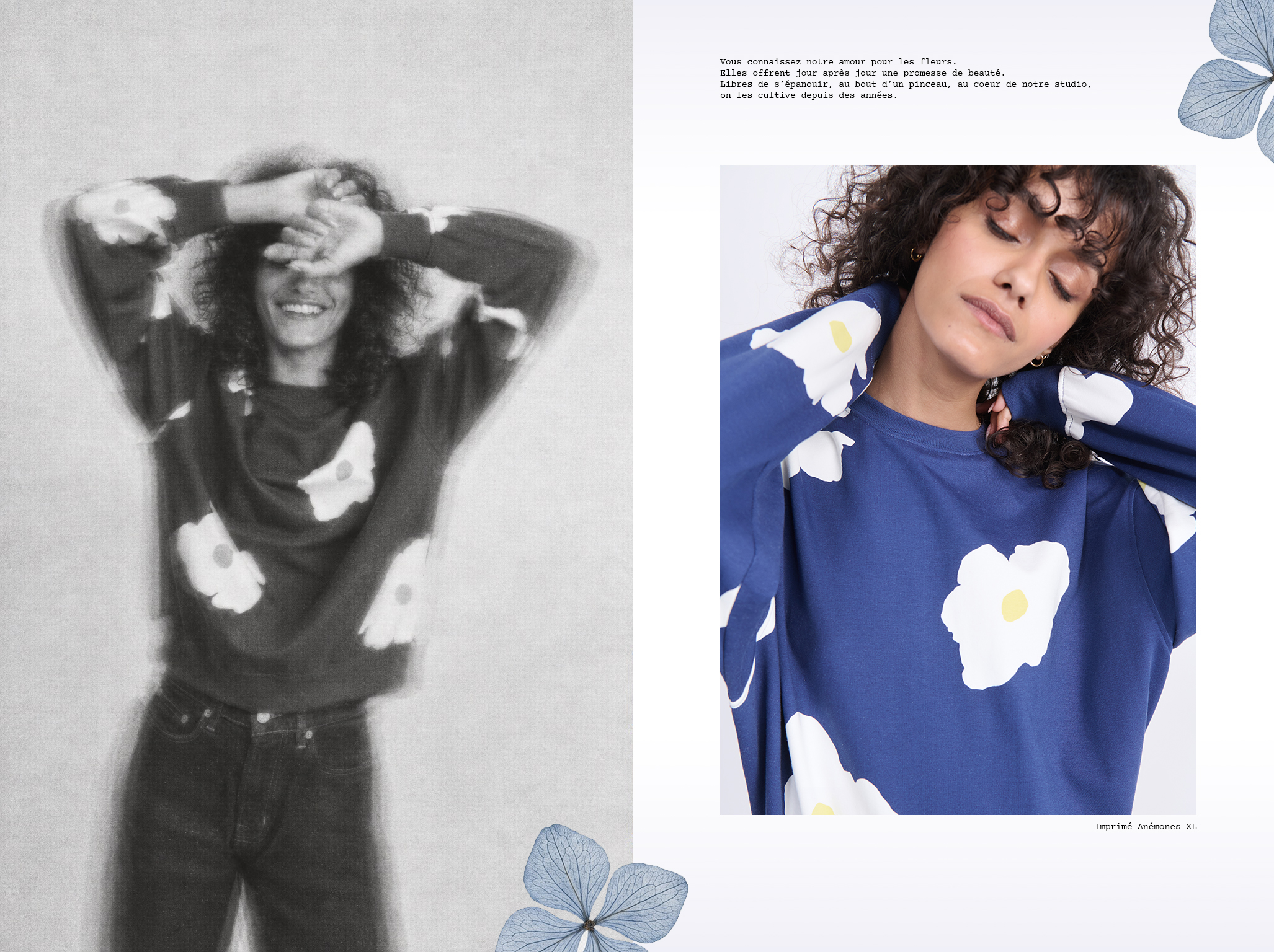Two women wearing floral patterned tops. One in a blurred black-and-white image with a joyful pose, the other in color, looking serene.