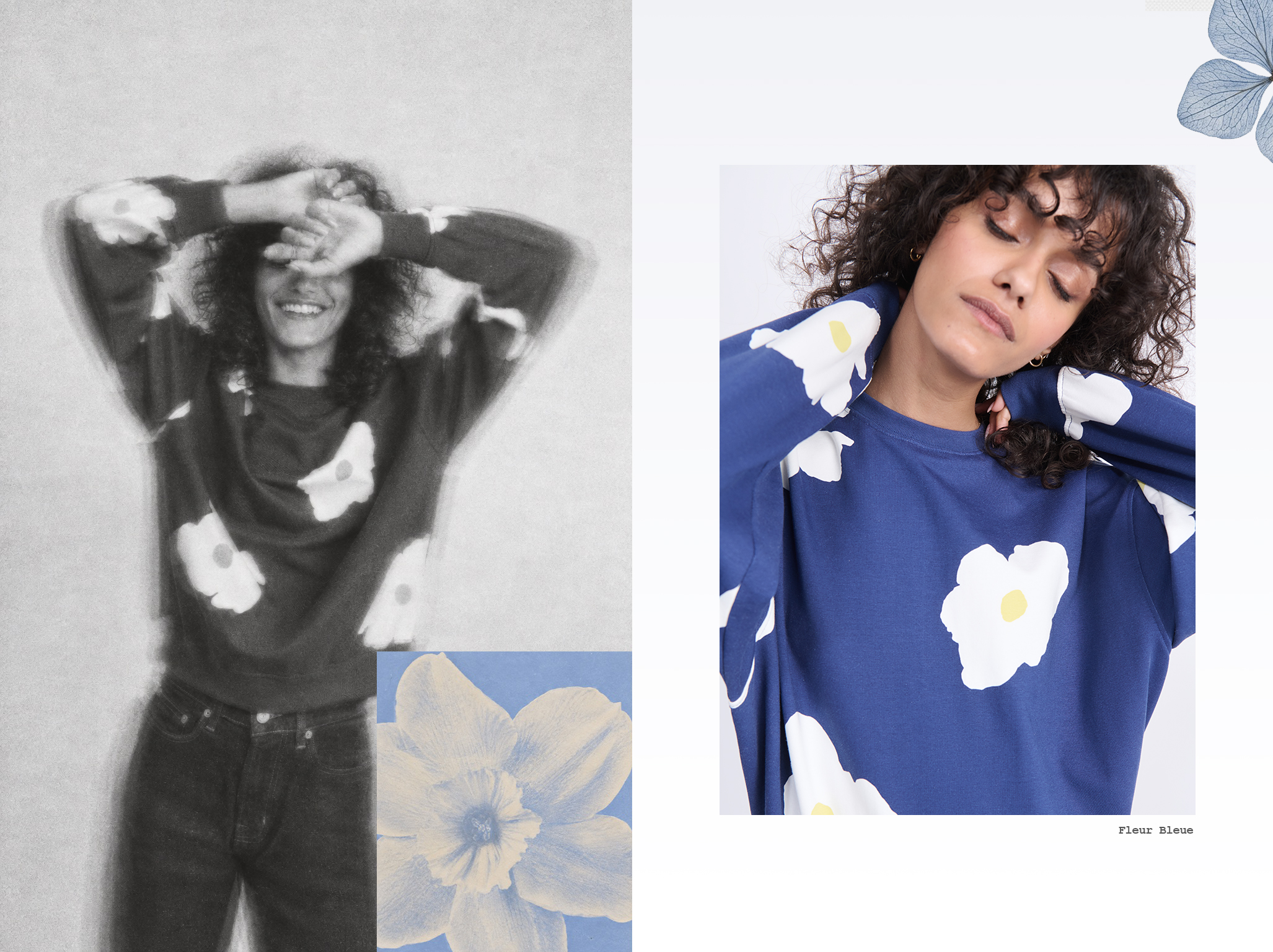 Two images side by side: Left, a smiling person in a blurred floral sweater; right, a person wearing a blue floral sweater with eyes closed.