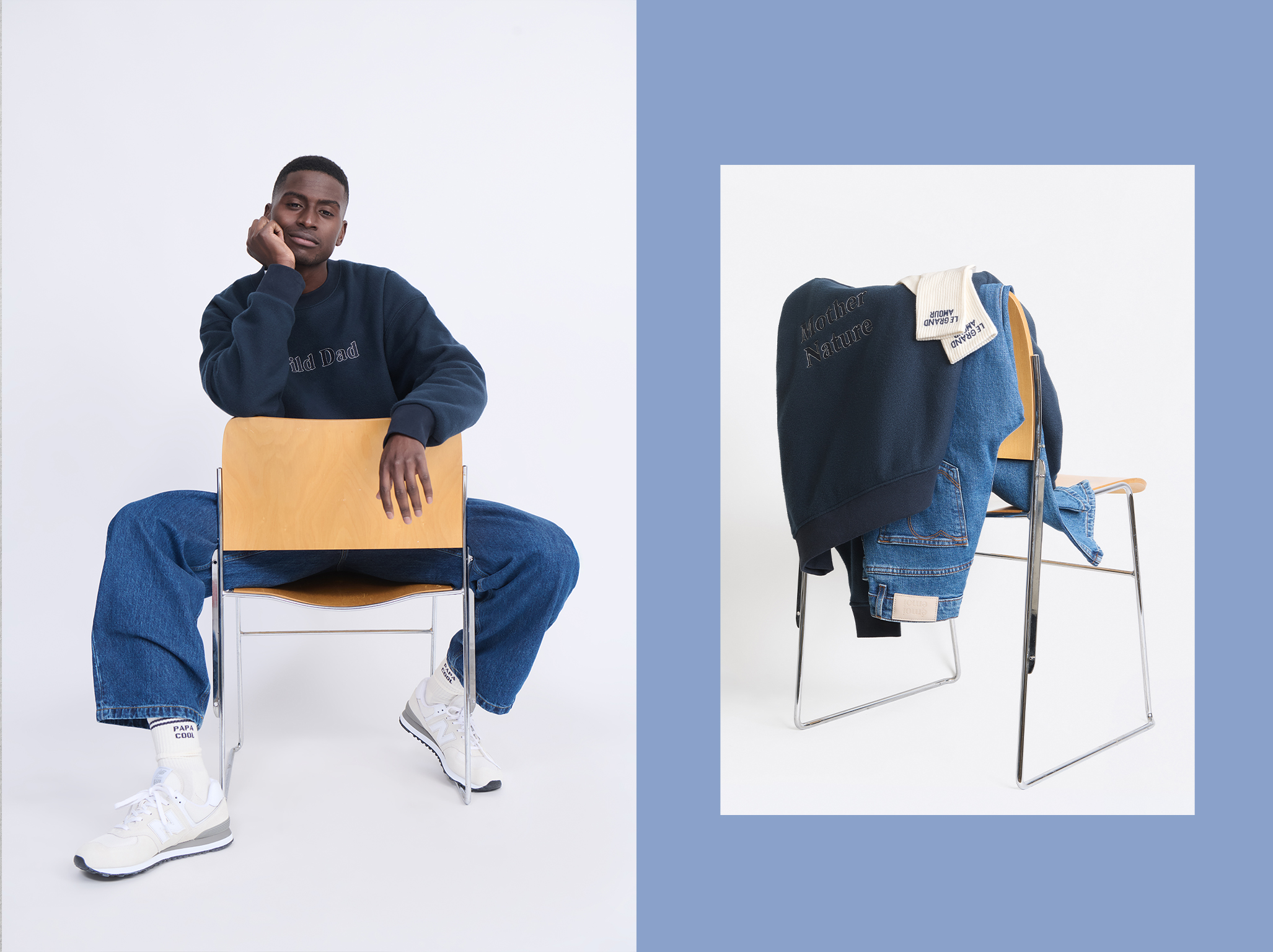 Man in denim and sweatshirt sits on a chair; adjacent image shows folded clothes labeled "Mother Nature" draped on another chair.