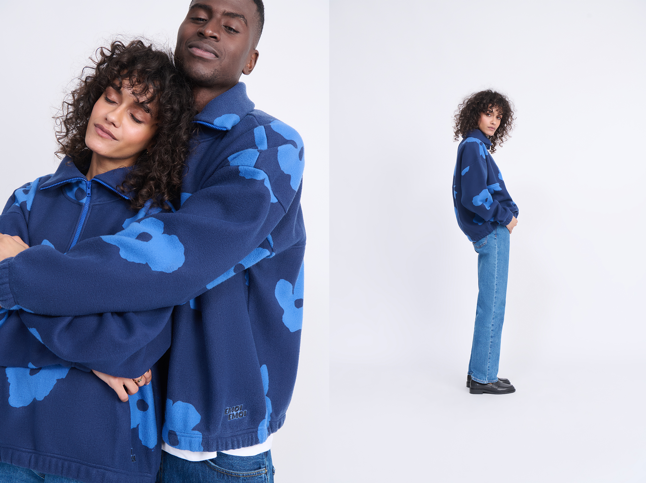 A couple embracing, both wearing matching blue flower-patterned sweaters. A separate image shows the woman posing alone in jeans.