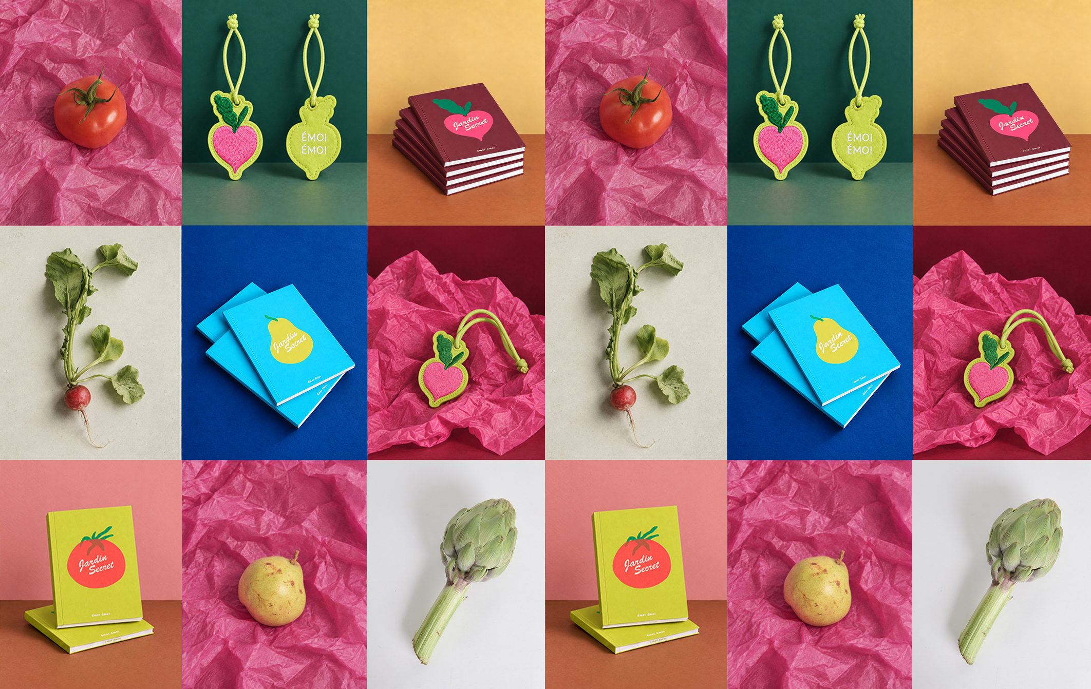 Various objects including tomatoes, radishes, books, and artichokes arranged in a colorful, grid-like pattern on different backgrounds.