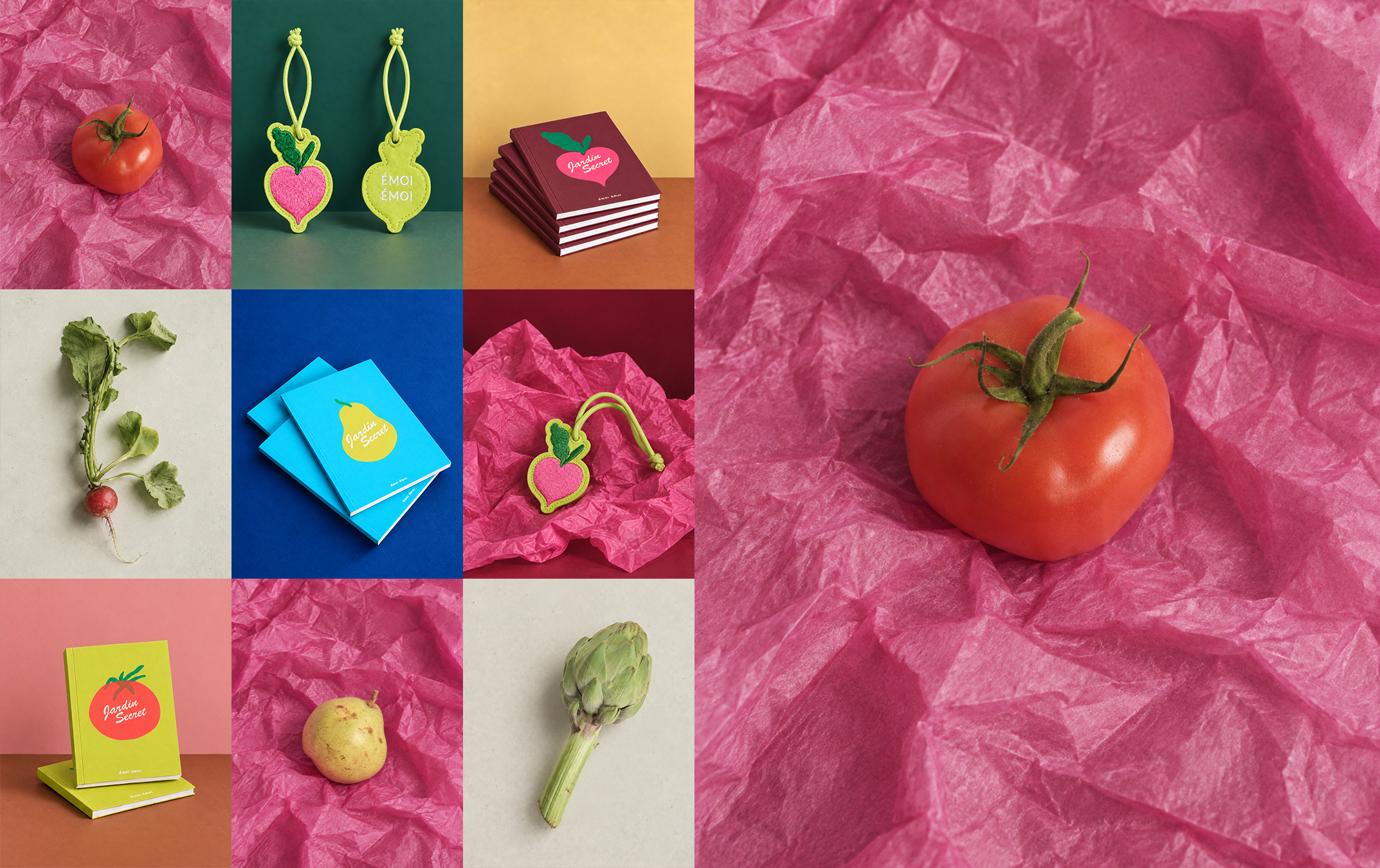 Collage with vegetables, colorful books, keychains, and tomato on crumpled pink paper. Includes radish, potato, artichoke, and keychains with fruit shapes.