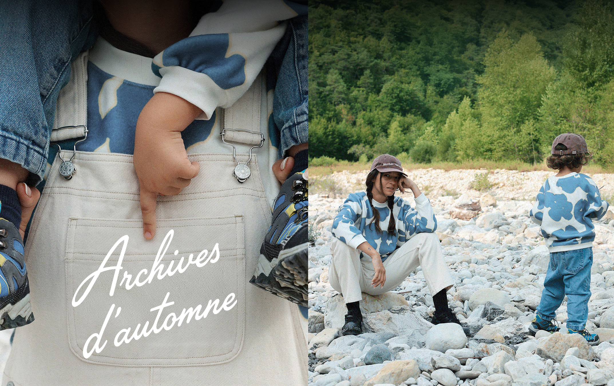 A person and a child wearing matching blue-patterned outfits. The person sits on rocks in nature, while the child stands nearby.