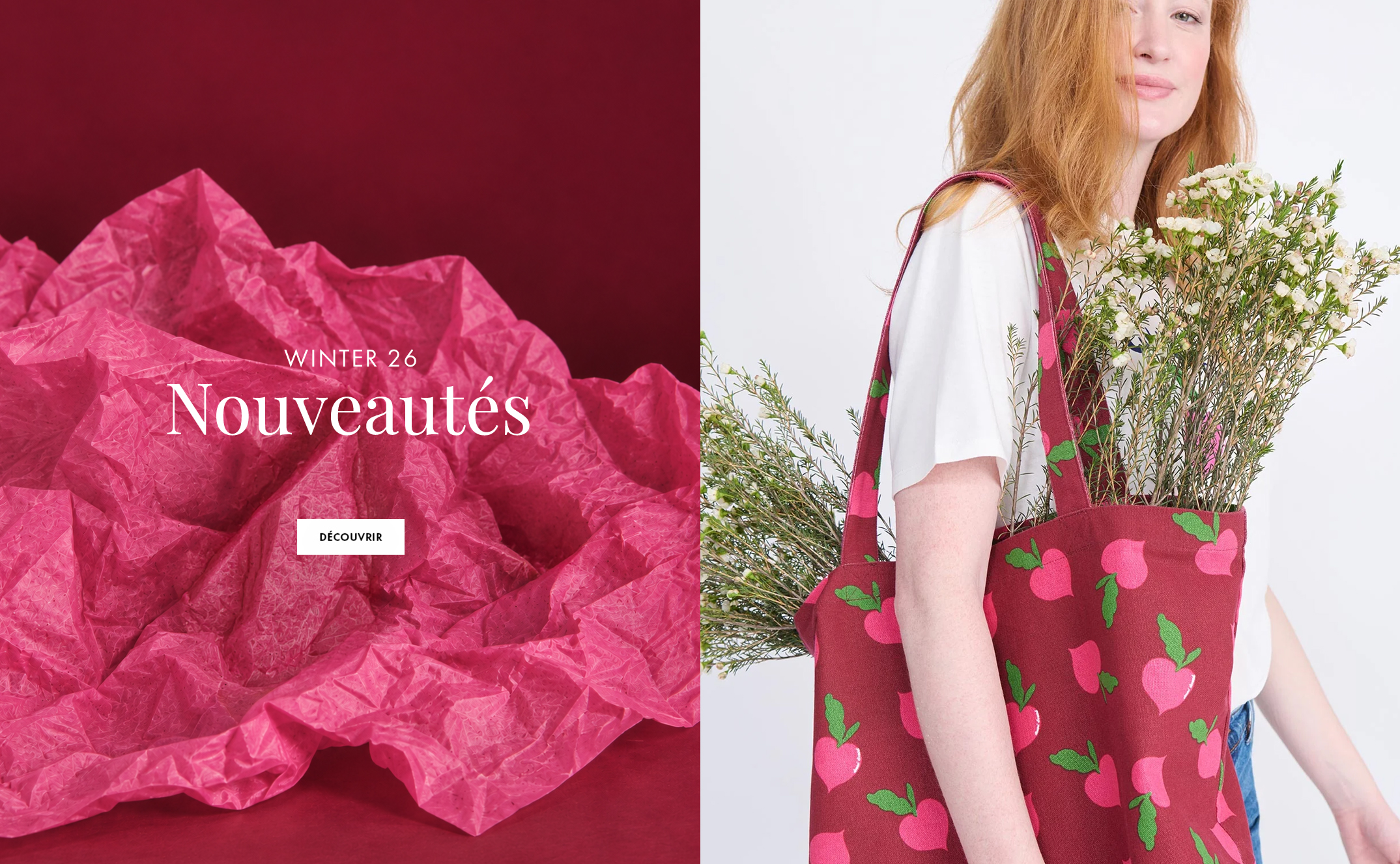 A woman holding a red tote bag with pink fruit designs, filled with flowers, next to pink crumpled paper with "Winter 26 Nouveautés" text.