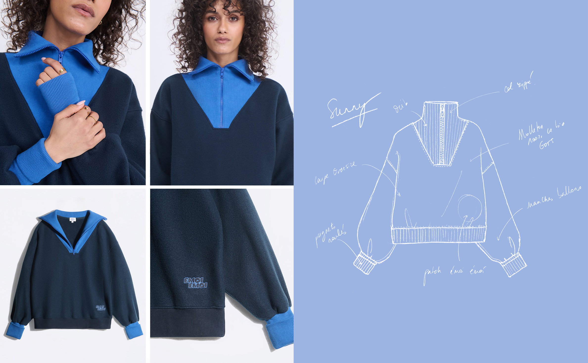 Dark blue sweatshirt with bright blue collar and cuffs, showcased on a model and laid flat. Includes design sketch with French notes.