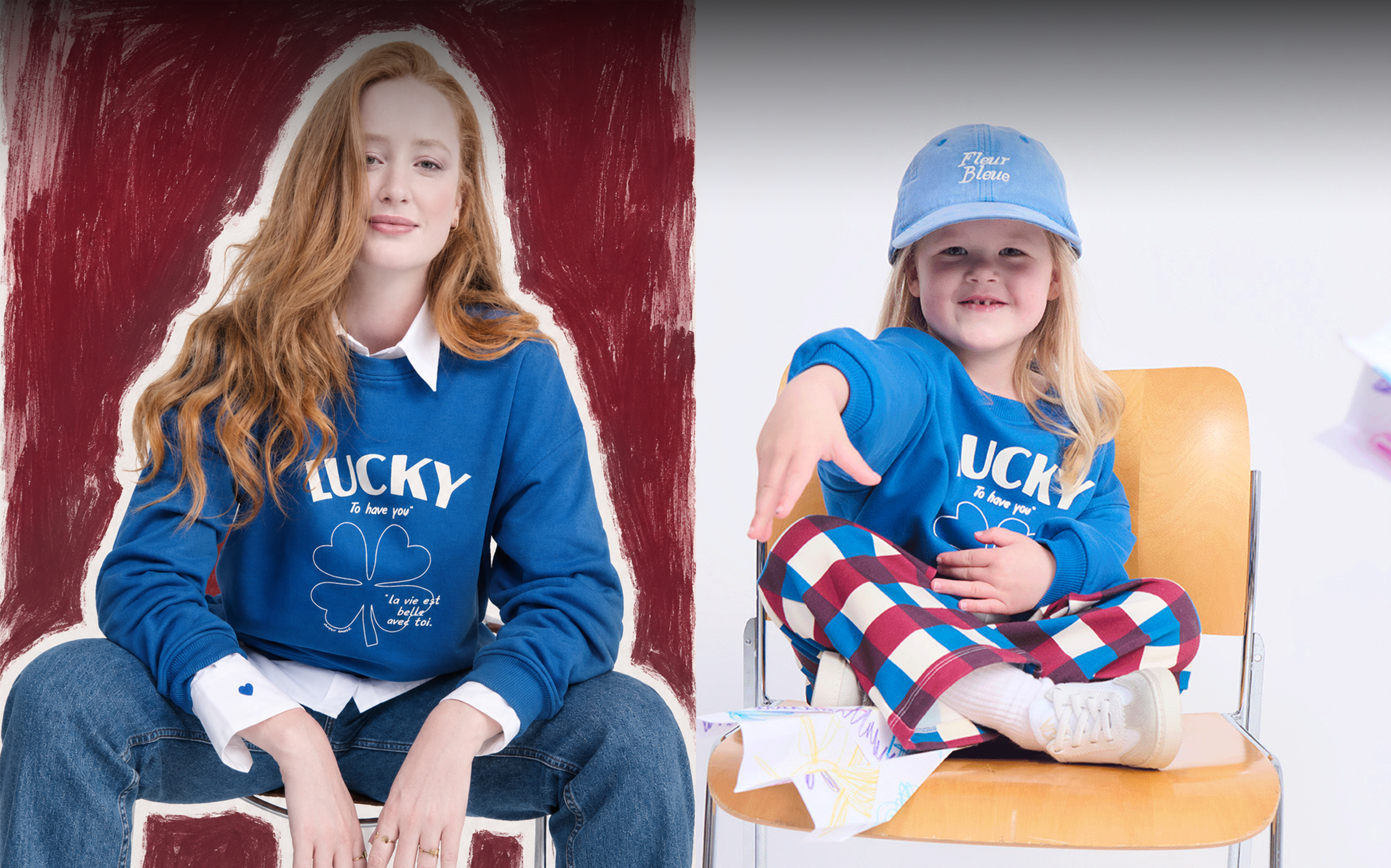 Femme portant le sweat Lucky et fille portant le sweat lucky, le pantalon garden Vichy et la casquette fleur bleue