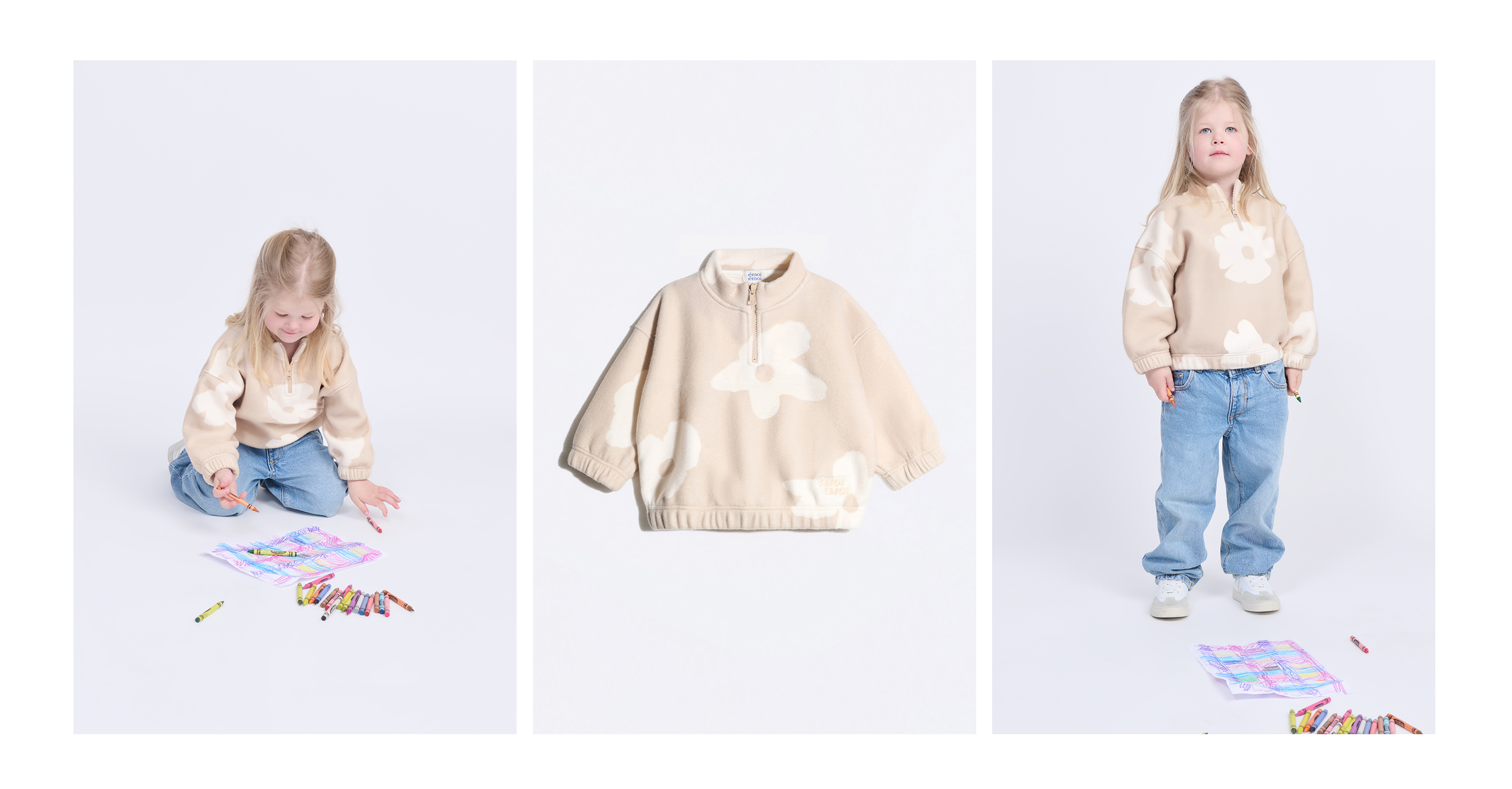 Child wearing a beige floral sweater and jeans, drawing with crayons; centered image shows sweater alone.