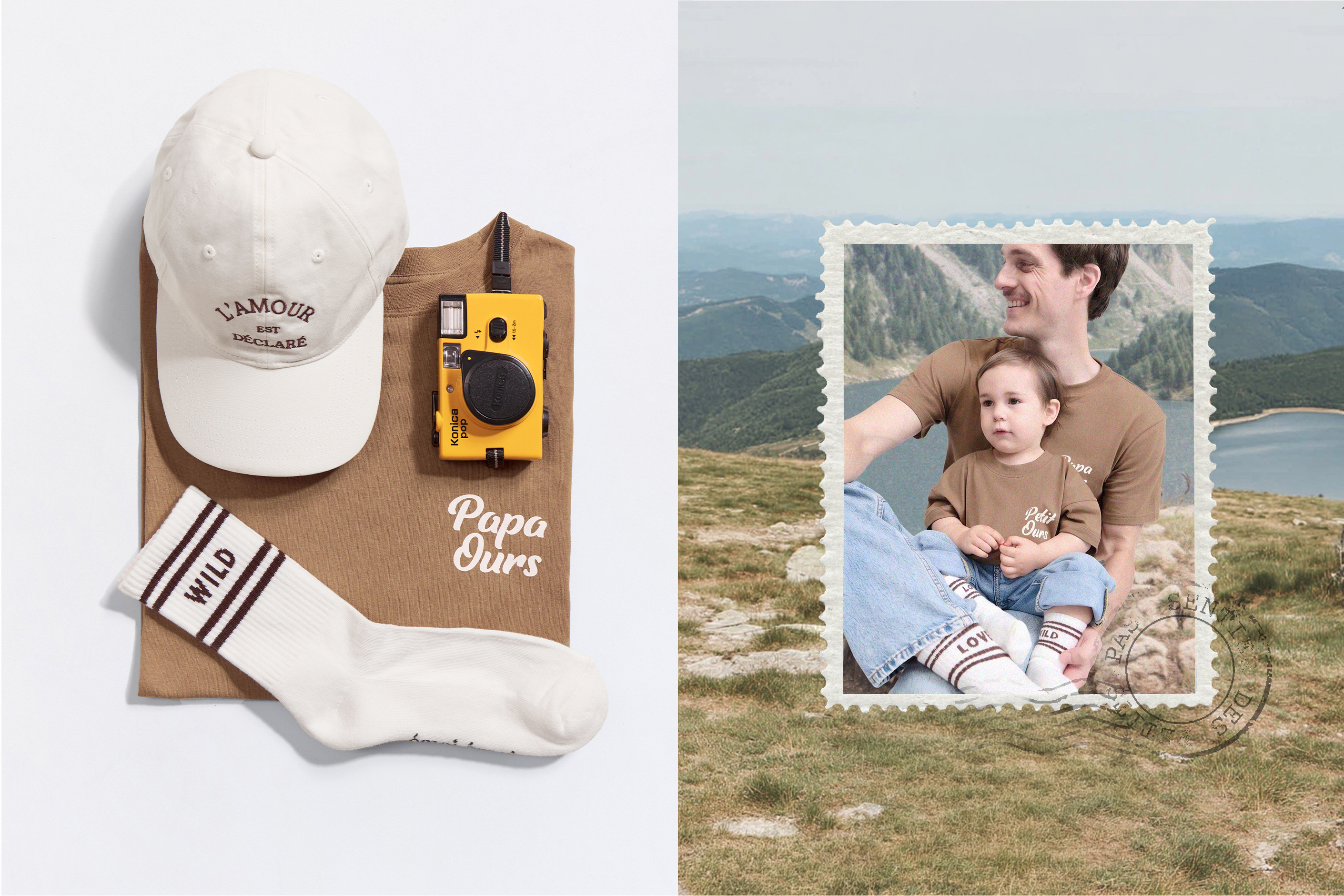 Papa et son fils portant du émoi émoi, t-shirt Papa Ours et Petit Ours et les chaussette Wild Love