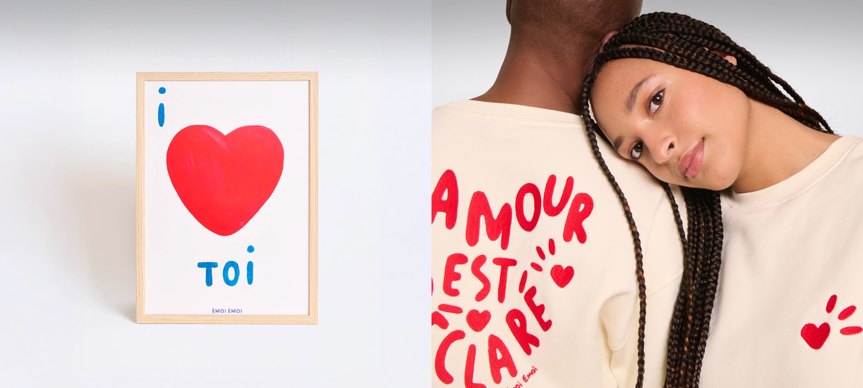 Left: Framed artwork with a red heart and "I ❤️ TOI." Right: Two people in shirts, one with "L