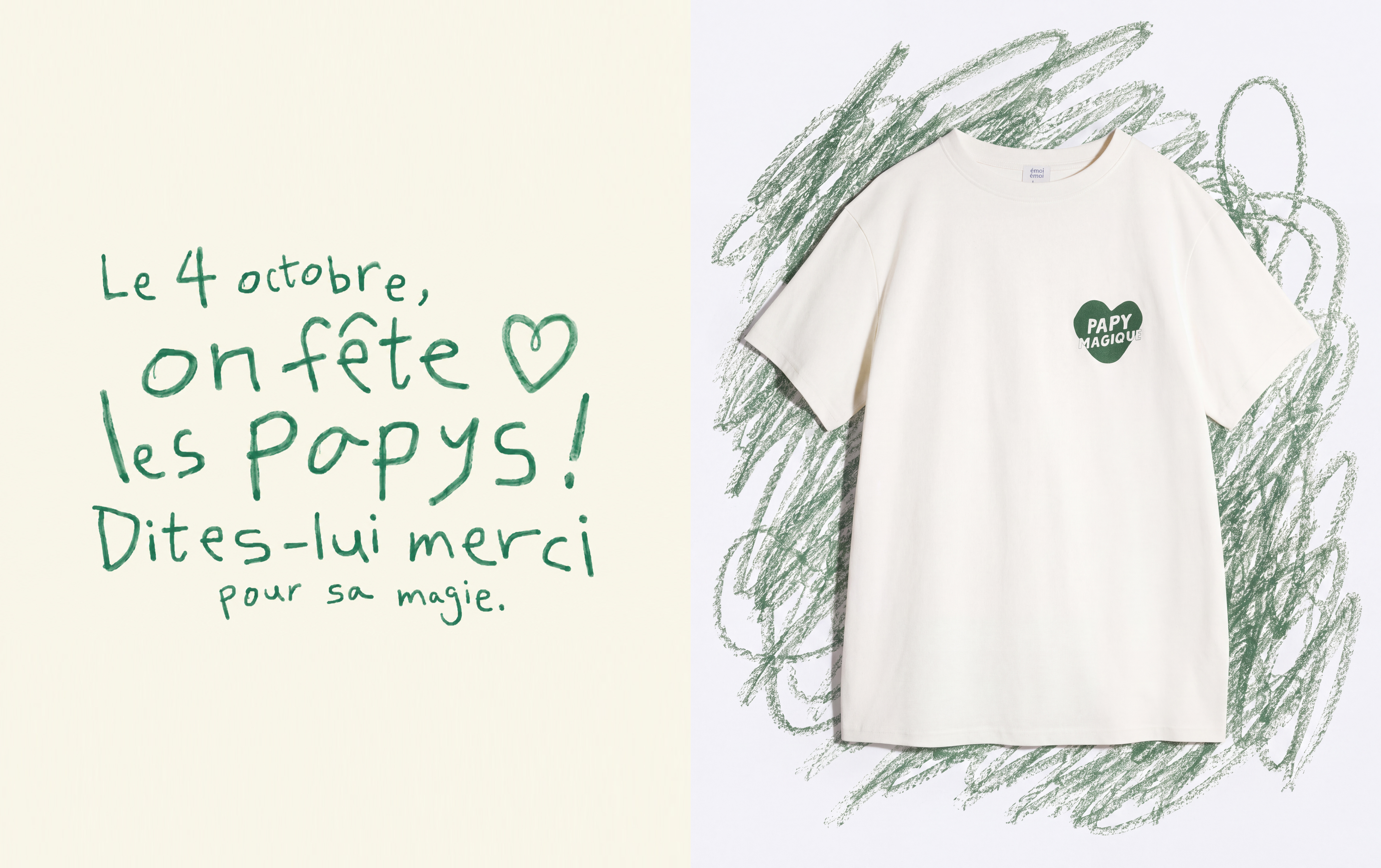 A white t-shirt with "Papy Magique" and a green heart, alongside text in French celebrating "les Papys" on October 4th.