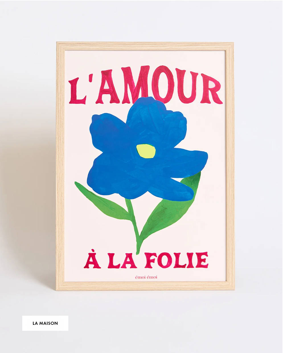 Framed artwork with a large blue flower and green leaves, text "L