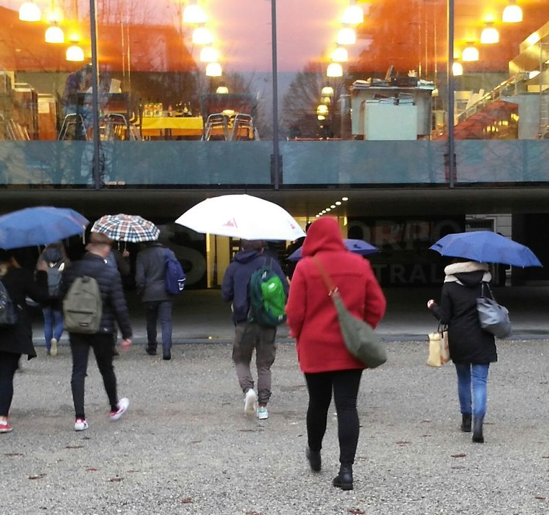 Eine Gruppe von Menschen geht auf ein Gebäude zu. Es regnet.