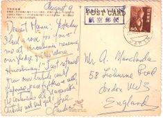 Vintage postcard with handwritten message and Japanese stamp, addressed to Mr. A. Mandela in London, with message dated August 9.
